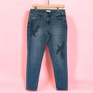 Kensie Women's Blue Denim Jeans Embroidered Bird Design Mid Rise skinny Sz 8